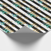 Elegante Schwarzweiss-Streifen mit blauem Blumen Geschenkpapier (Ecke)