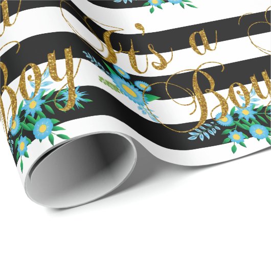 Elegante Schwarzweiss-Streifen mit blauem Blumen Geschenkpapier (Rolleneckpunkt)