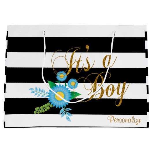 Elegante Schwarzweiss-Streifen mit blauem Blumen Große Geschenktüte (Vorderseite)