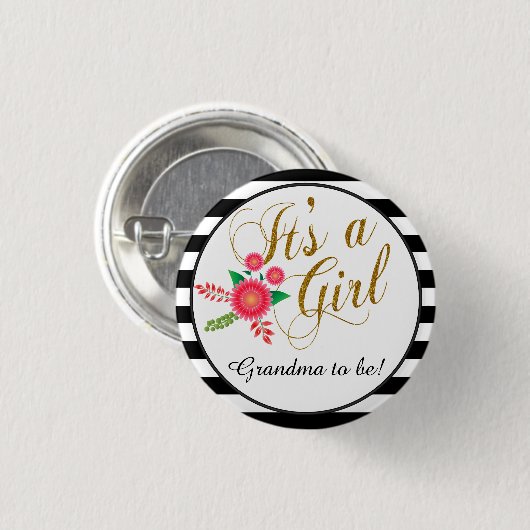 Elegante Schwarzweiss-Streifen mit rosa Blumen Button (Vorne & Hinten)