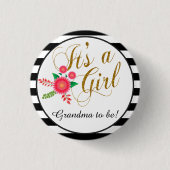 Elegante Schwarzweiss-Streifen mit rosa Blumen Button (Vorderseite)