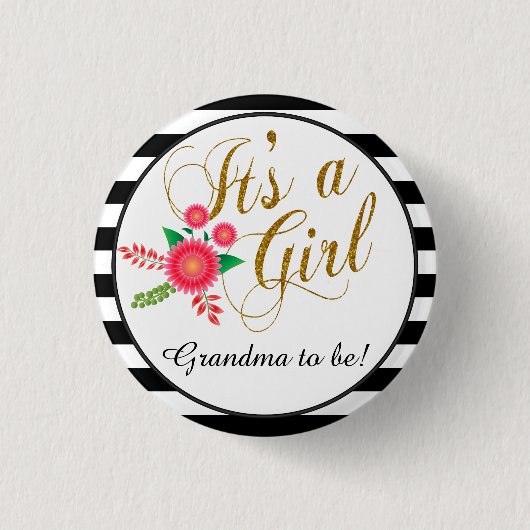 Elegante Schwarzweiss-Streifen mit rosa Blumen Button (Vorderseite)