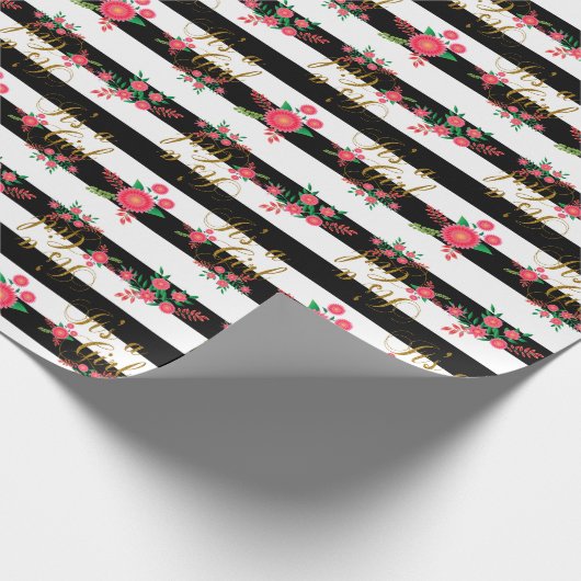 Elegante Schwarzweiss-Streifen mit rosa Blumen Geschenkpapier (Ecke)