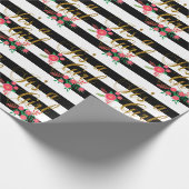 Elegante Schwarzweiss-Streifen mit rosa Blumen Geschenkpapier (Ecke)
