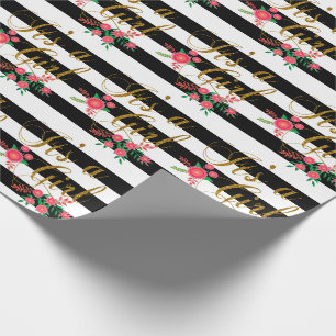 Elegante Schwarzweiss-Streifen mit rosa Blumen Geschenkpapier