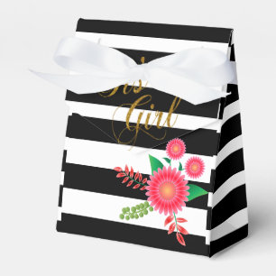 Elegante Schwarzweiss-Streifen mit rosa Blumen Geschenkschachtel