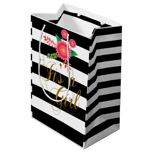 Elegante Schwarzweiss-Streifen mit rosa Blumen Mittlere Geschenktüte (Rückseite Schrägansicht)