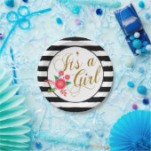 Elegante Schwarzweiss-Streifen mit rosa Blumen Pappteller (Party)