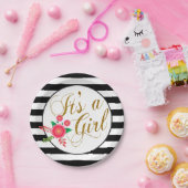 Elegante Schwarzweiss-Streifen mit rosa Blumen Pappteller (Party)