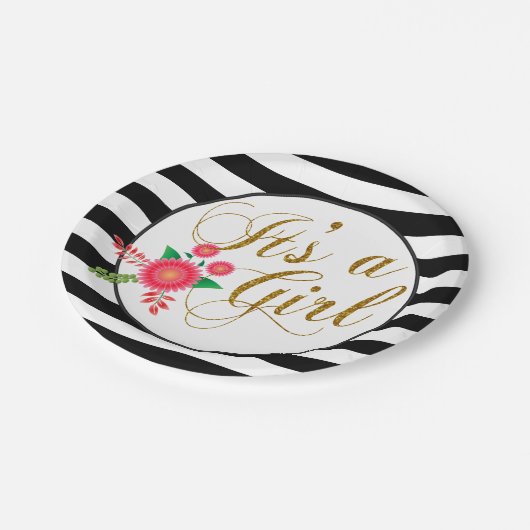 Elegante Schwarzweiss-Streifen mit rosa Blumen Pappteller (Schrägansicht)