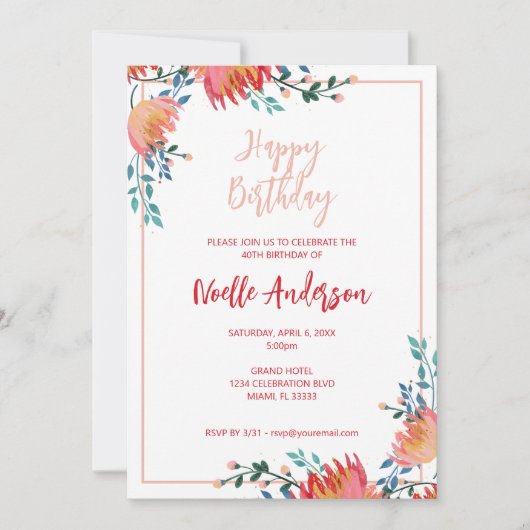 Elegante, schwindelerregende Blume zum Geburtstag Einladung (Vorderseite)