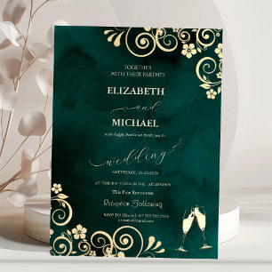 Elegante Schwünge, Konfetti-Weingläser Hochzeit Einladung