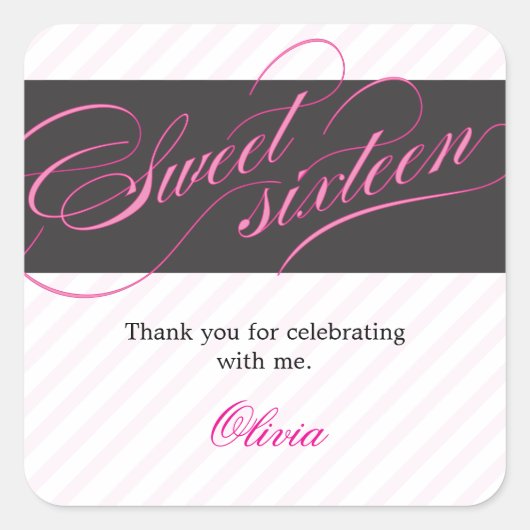 Elegante Script 16 . Geburtstag Gastgeschenk Stick Quadratischer Aufkleber (Vorderseite)