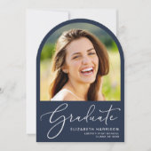 Elegante Script Arch Foto Blue Graduation Party Einladung (Vorderseite)