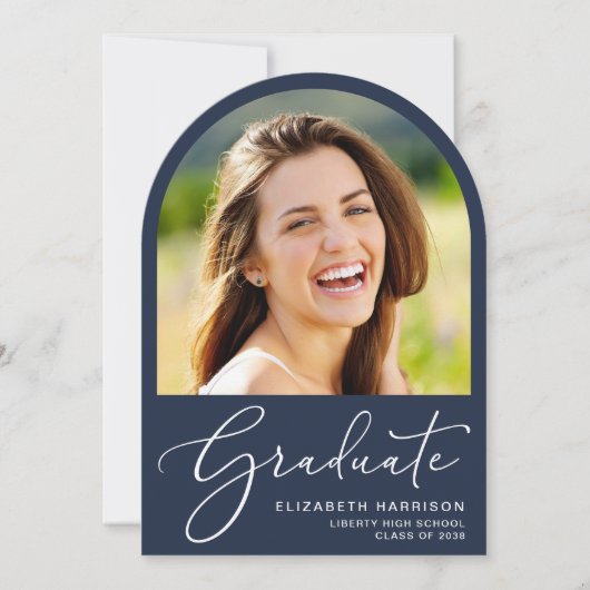Elegante Script Arch Foto Blue Graduation Party Einladung (Vorderseite)