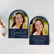 Elegante Script Arch Foto Blue Graduation Party