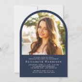 Elegante Script Arch Foto Blue Graduation Party Einladung (Rückseite)