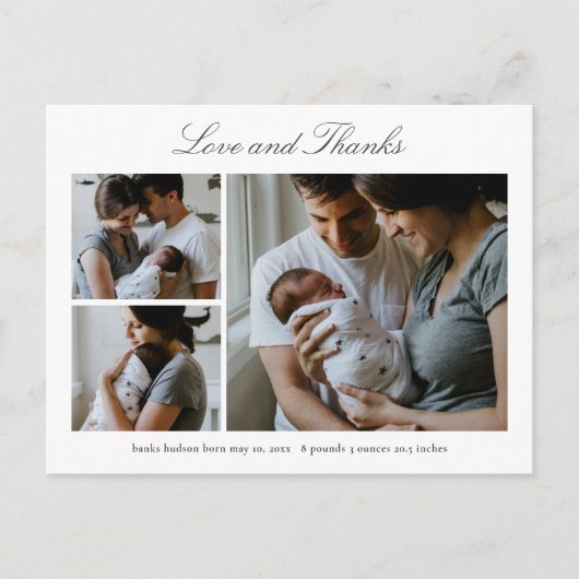 Elegante Script Baby Foto Ankündigung Vielen Dank Postkarte (Vorderseite)