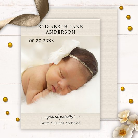 Elegante Script Baby Foto Geburtskarte Dankeskarte