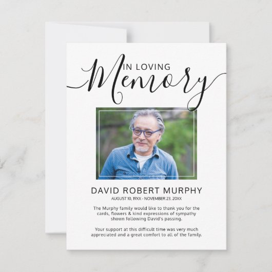 Elegante Script-Beerdigung Dankeskarte (Vorderseite)