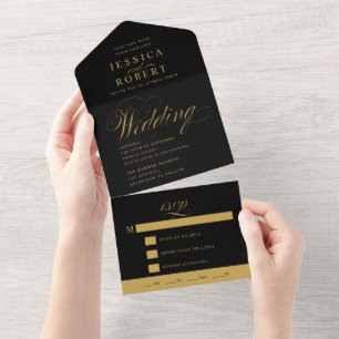 Elegante Script Black and Gold Calligraphy Wedding All In One Einladung