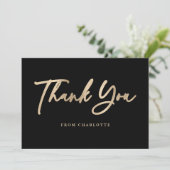 Elegante Script Black and Gold Moderne Dankeskarte (Stehend Vorderseite)