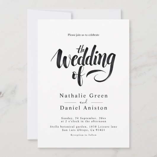 Elegante Script Black and White Calligraphy Weddin Einladung (Vorderseite)