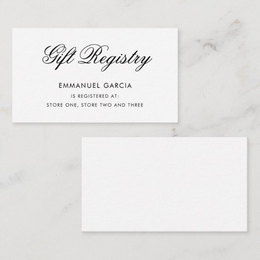 Elegante Script Black and White Gift Registry Begleitkarte (Vorne/Hinten)