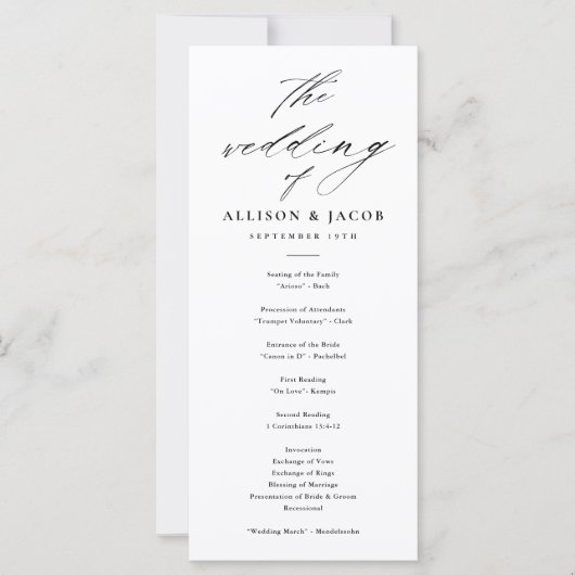 Elegante Script Black and White Wedding Programme (Vorderseite)