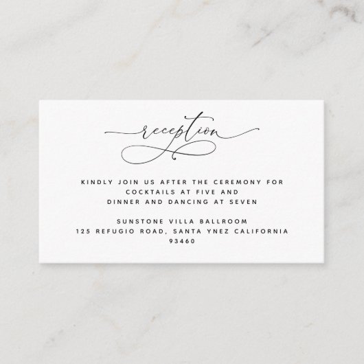 Elegante Script Black and White Wedding Reception Begleitkarte (Vorderseite)