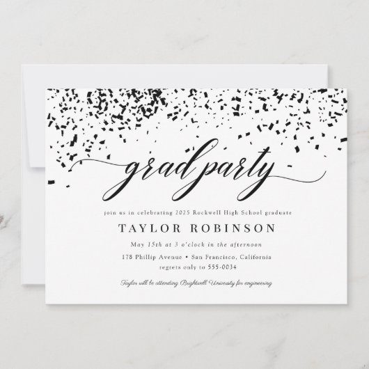 Elegante Script Black Confetti Graduation Party Einladung (Vorderseite)