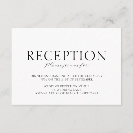 Elegante Script Black & White Wedding Reception Begleitkarte (Vorderseite)