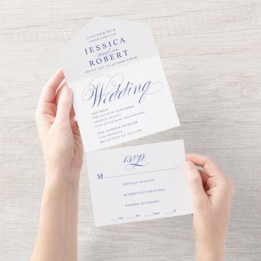 Elegante Script Blue and White Calligraphy Wedding All In One Einladung (Abreißen)