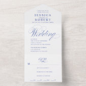 Elegante Script Blue and White Calligraphy Wedding All In One Einladung (Innen Boden)