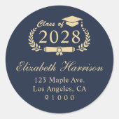 Elegante Script Blue Gold Abschluss Rücksendeadres Runder Aufkleber (Vorderseite)