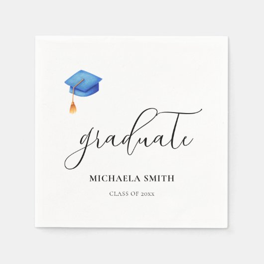 Elegante Script Blue Graduate Cap Graduation Party Serviette (Vorderseite)