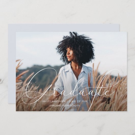 Elegante Script Blue Gray Foto Graduation Party Einladung (Vorne/Hinten)