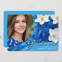 Elegante Script-Blume Blau | Modernes Foto Grad