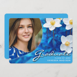 Elegante Script-Blume Blau | Modernes Foto Grad Ankündigung