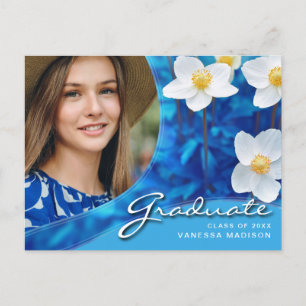 Elegante Script-Blume Blau Modernes Foto Grad Postkarte
