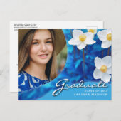 Elegante Script-Blume Blau | Modernes Foto Grad Postkarte (Vorne/Hinten)