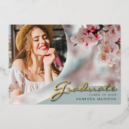 Elegante Script-Blume | Moderne Foto Grad Card Folieneinladung