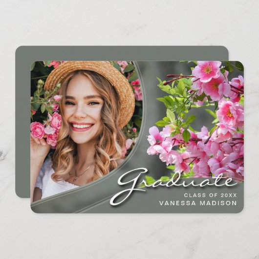 Elegante Script-Blume | Modernes Foto Grad Ankündigung (Vorne/Hinten)