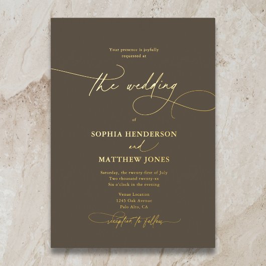 Elegante Script Boho Braune Hochzeit Folieneinladung