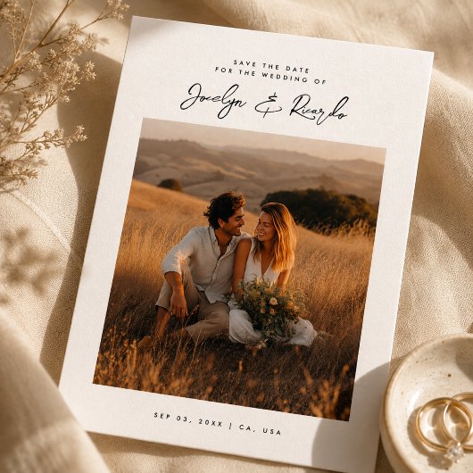Elegante Script Boho-Foto Budget Save the Date