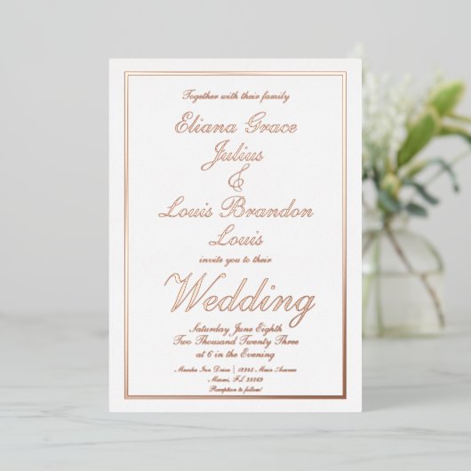 Elegante Script Border Wedding Pressed Folieneinladung (Stehend vorne)