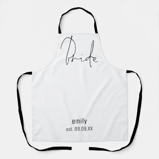 Elegante Script Bride Name Datum Schwarz-weiße Sch Schürze (Vorderseite)
