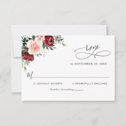Elegante Script Burgundy Blush Floral Wedding RSVP Karte (Vorderseite)