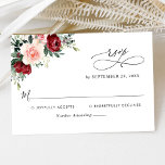 Elegante Script Burgundy Blush Floral Wedding RSVP Karte<br><div class="desc">Diese individuell gestaltbare RSVP-Karte,  die sich mit unserer Romantic Blooms Hochzeitskollektion abstimmt,  zeichnet sich durch Aquarellbordeauxfarben und Blütenfloralen aus,  mit grünen Blätter und Kalligraphie-Schriftzeichen,  gepaart mit einer klassischen Serif & modernem Sans-Schriftart in Schwarz. Matching-Elemente verfügbar.</div>