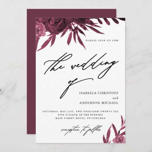 Elegante Script Burgundy Floral Wedding Einladung (Vorne/Hinten)